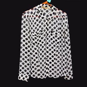 Guess Women’s Top Black White Polka Dots Button Up Long Sleeve Chiffon